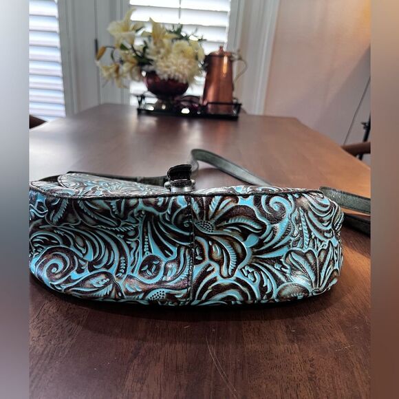 Patricia Nash Rosolini Tooled Leather Saddle Bag Turquoise Brown Crossbody Boho - Picture 13 of 16